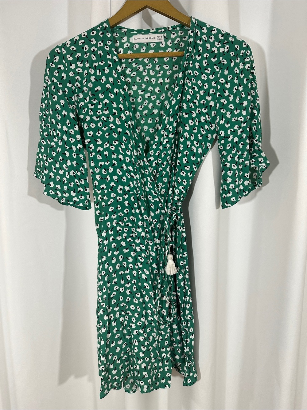 Faithfull the Brand Green Floral Wrap Dress Size S 100% Rayon Tassel Tie Mini